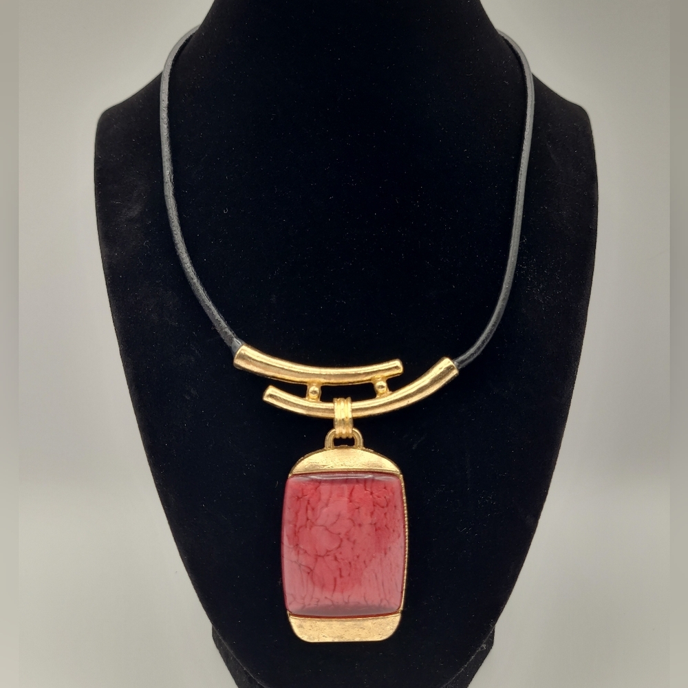 Vintage Red Stone Pendant Necklace Gold Tone Black Cord Modernist Statement